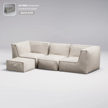 Beige sectional sofa on a light gray background with text about free protection covers.