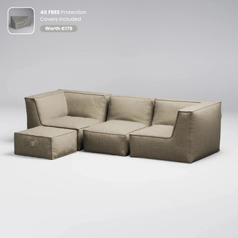 Beige sectional sofa with ottoman on a light gray background