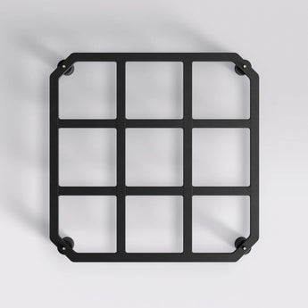 Black metal grid on a light gray background