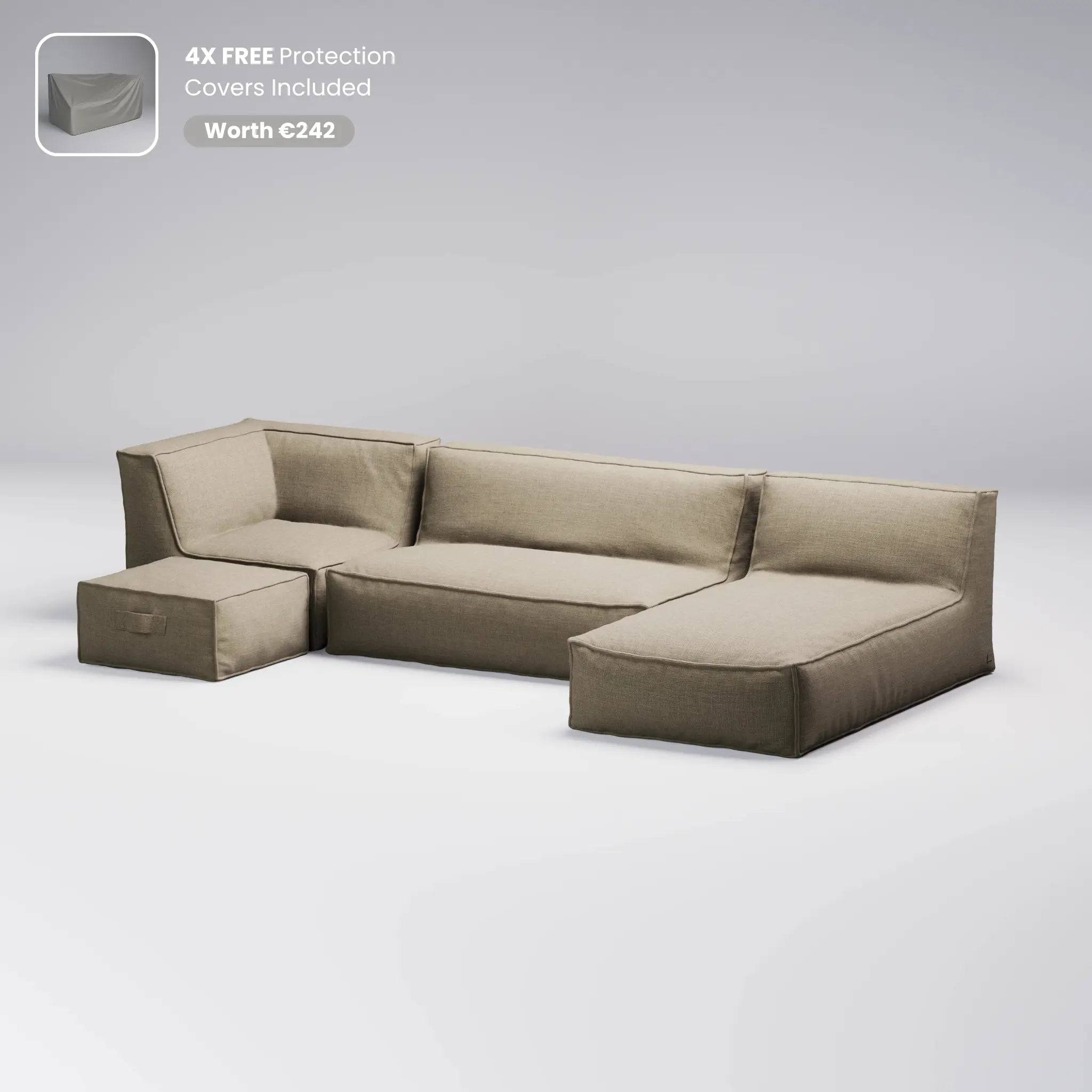 Beige sectional sofa with free protection covers on a light gray background