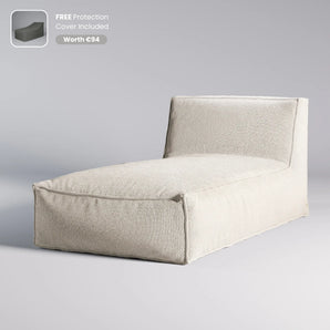 Beige fabric bed on a gray background with a free protection cover offer.