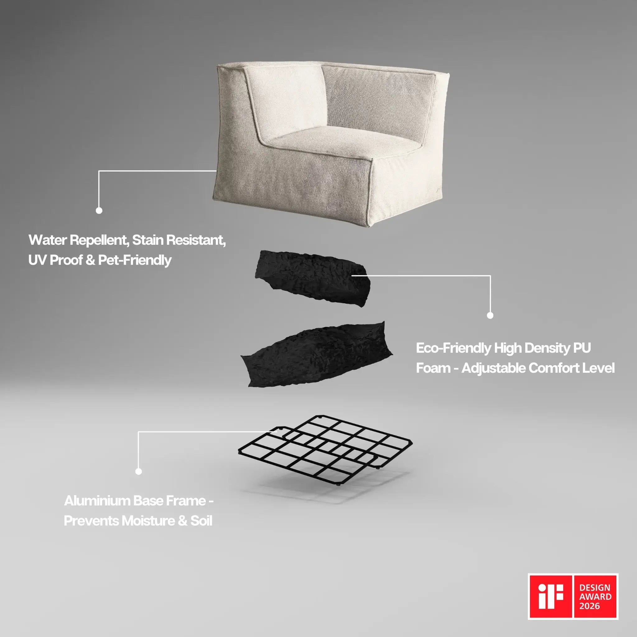 Technical construction diagram of Troispommes The Lounge Corner showing modular components