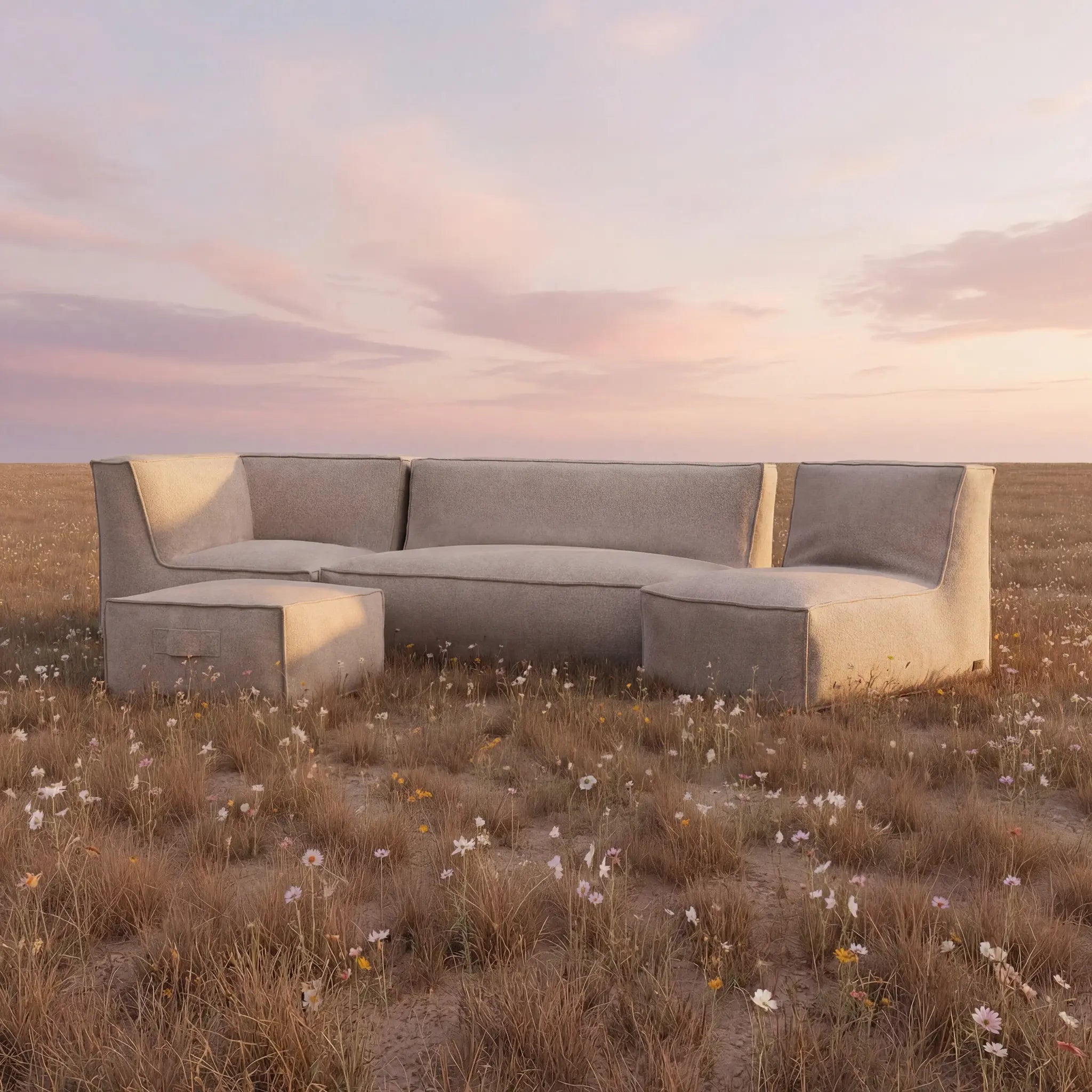 Troispommes beige outdoor sofa in wildflower field at sunset