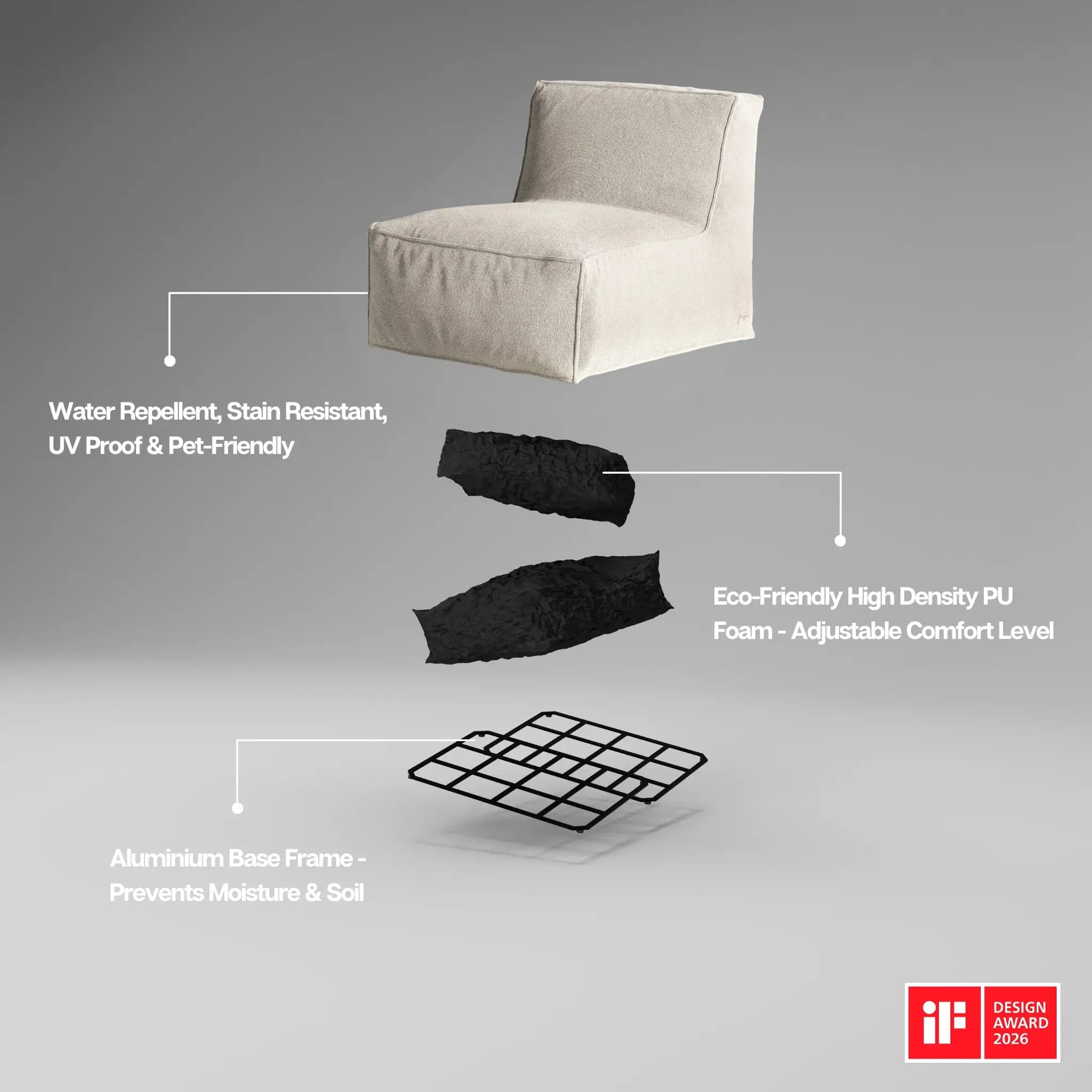 Technical construction diagram of Troispommes The Lounge Chair showing modular components