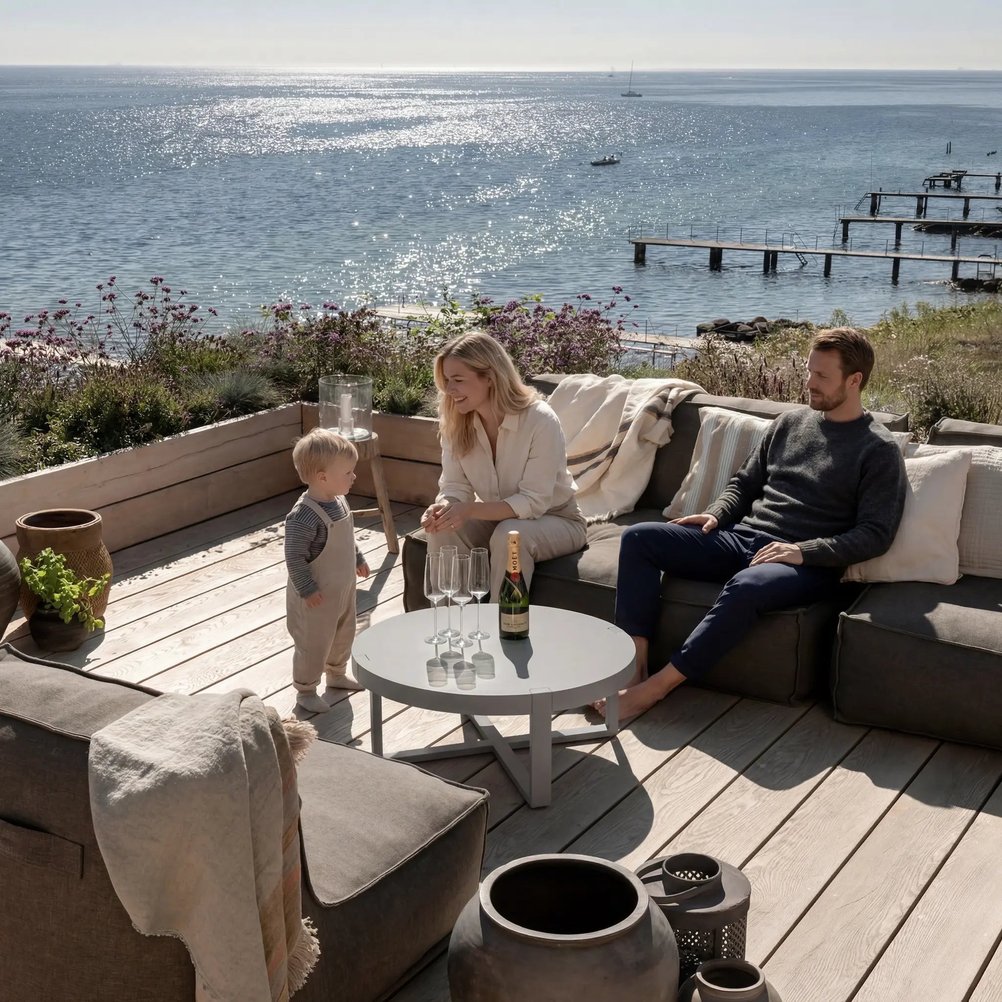 Family of three enjoying a sunny day on a deck overlooking the ocean.