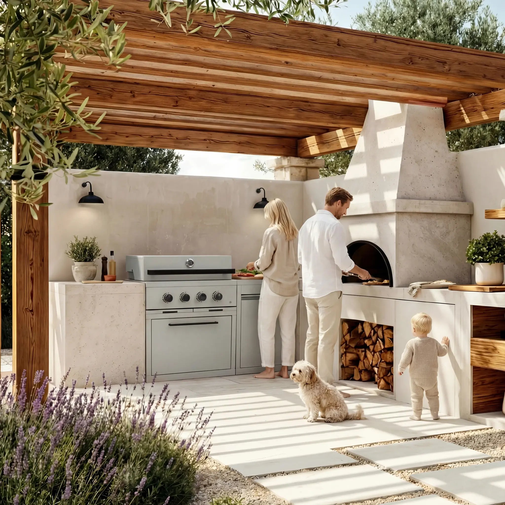 Family cooking at Troispommes outdoor kitchen and BBQ grill